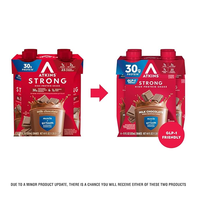Atkins Strong High Protein Shake Milk Chocolate 30g Protein 7g Prebiotic Fiber 1g Sugar GLP-1 Support Muscle &amp Gut Health Support Complex 12 Count