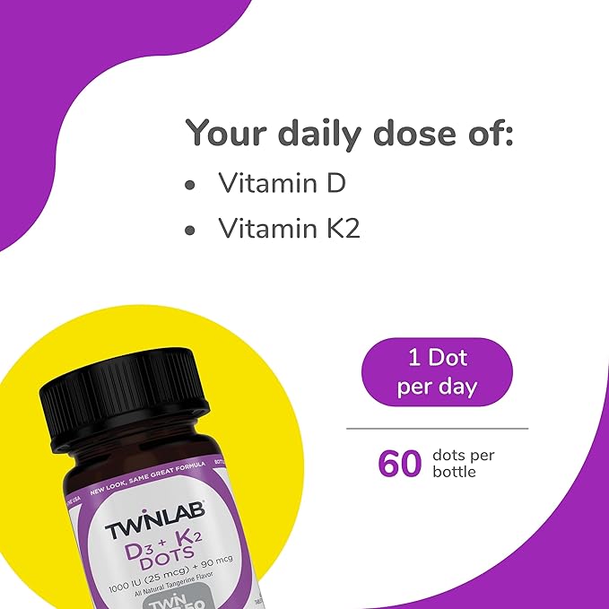 Twinlab Vitamin D3 1000 + K2 Dots - Bone &amp Heart Health - Immune Support - 25 mcg 60 Tablets (1000 IU) (2 Pack)