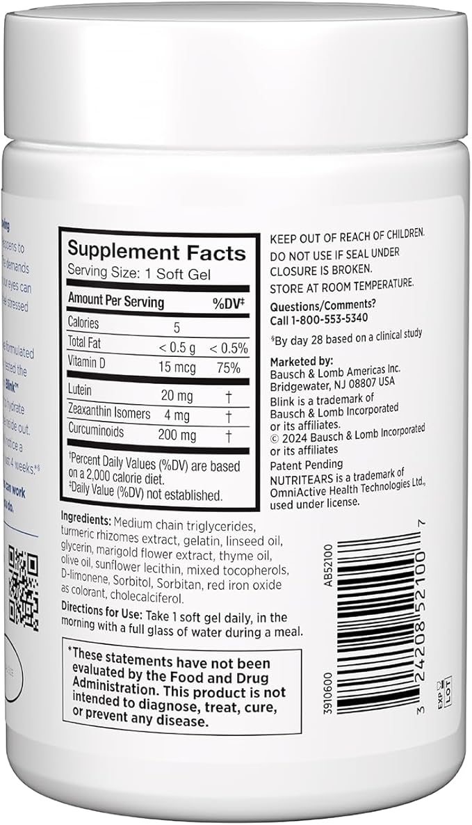 Blink NutriTears Clinically Proven Supplement for Dry Eyes Eye Care with Lutein &amp Zeaxanthin and Vitamin D to Hydrate Eyes from Within for Long-Lasting Relief 50 Softgels