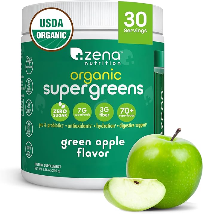 Zena Nutrition Organic Super Greens Powder 70+ Superfoods 0 Sugar 3G Fiber Spirulina Chlorella Mushrooms Prebiotics/Probiotics Digestive Enzymes for Gut Health Green Apple 30 Servings