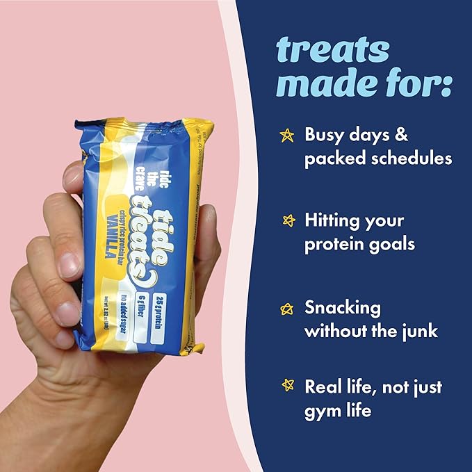 25g Protein Bar Crispy Rice Treat Vanilla | Clean Ingredients No Added Sugar 7g Fiber Gluten Free | High Protein Snack for On-the-Go Post-Workout or Dessert Cravings | 8 Count | TideTreats