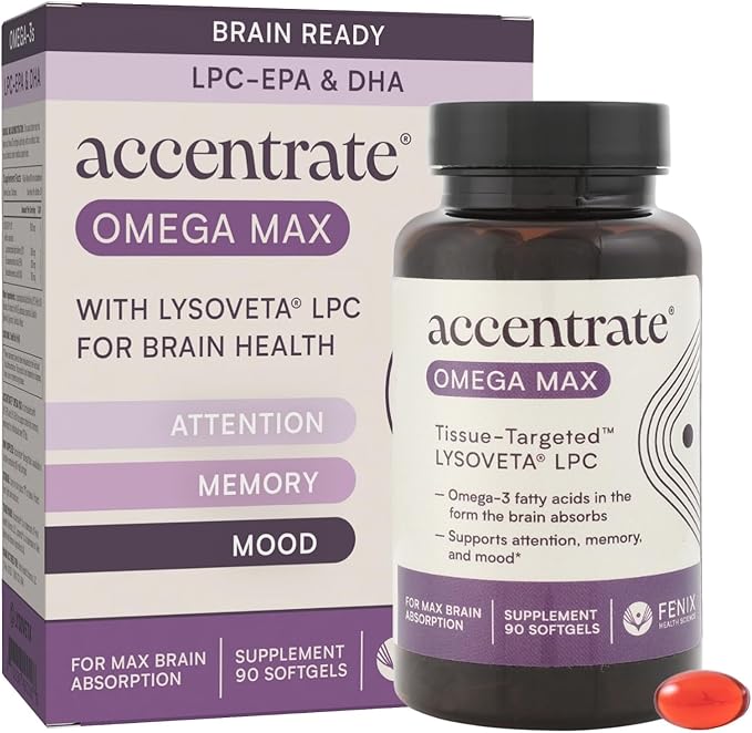 Omega Max w/LYSOVETA LPC | EPA &amp DHA Supplements for Brain &amp Retina Health | Focus Attention Memory Mood &amp Vision | 6X Higher Absorption Than Fish Oil | High Potency Omega-3 LPC-DHA