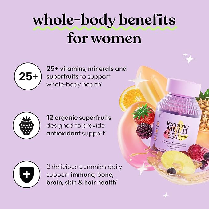 Lemme Women's Multivitamin Gummies Daily Nutritional Support with Vitamins A C D E Biotin Folic Acid Zinc &amp Inositol Bone Brain Skin &amp Immune Health Raspberry Orange 30-Day Supply