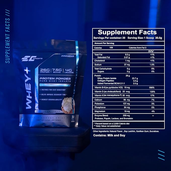 EC Sports Whey Protein Powder Vanilla Ice Cream Mix w/Digestive Enzymes - Isolate Supplement Collagen Peptides w/Swift Reform - 25 Servings