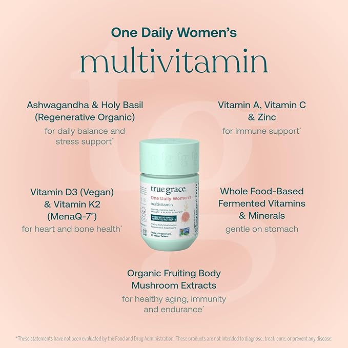 True Grace One Daily Women’s Multivitamin Fermented Minerals Organic Adaptogens &amp Mushrooms Whole Body Balance Immune Energy Beauty Support - Non-GMO Gluten Free Soy Free - 30 Vegan Tablets