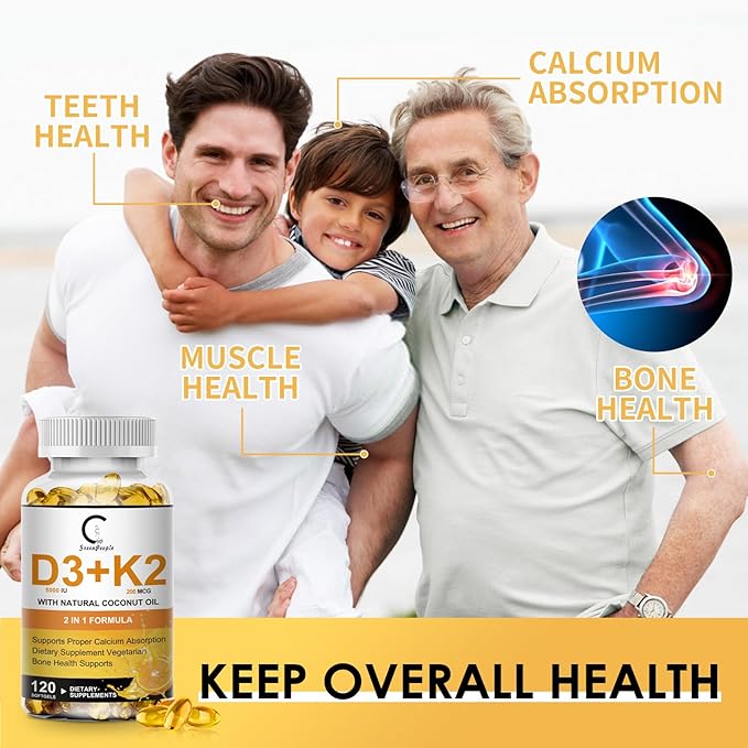 Vitamin D3 K2 Supplement with Vitamin D3 5000 IU 200 mcg Vitamin K2 MK-7 &amp Natural Coconut Oil Plant Based 2-1 Formula for Bone Teeth Muscle and Immune Health Support (120 Count (Pack of 2))