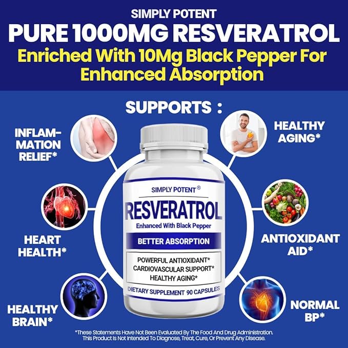 Resveratrol 1000mg Supplement Trans Resveratrol 500mg Resveratrol Enhanced with Black Pepper for Max Absorption Powerful Antioxidant &amp Anti-Aging Pills for Heart Immune &amp Skin Health 90 C