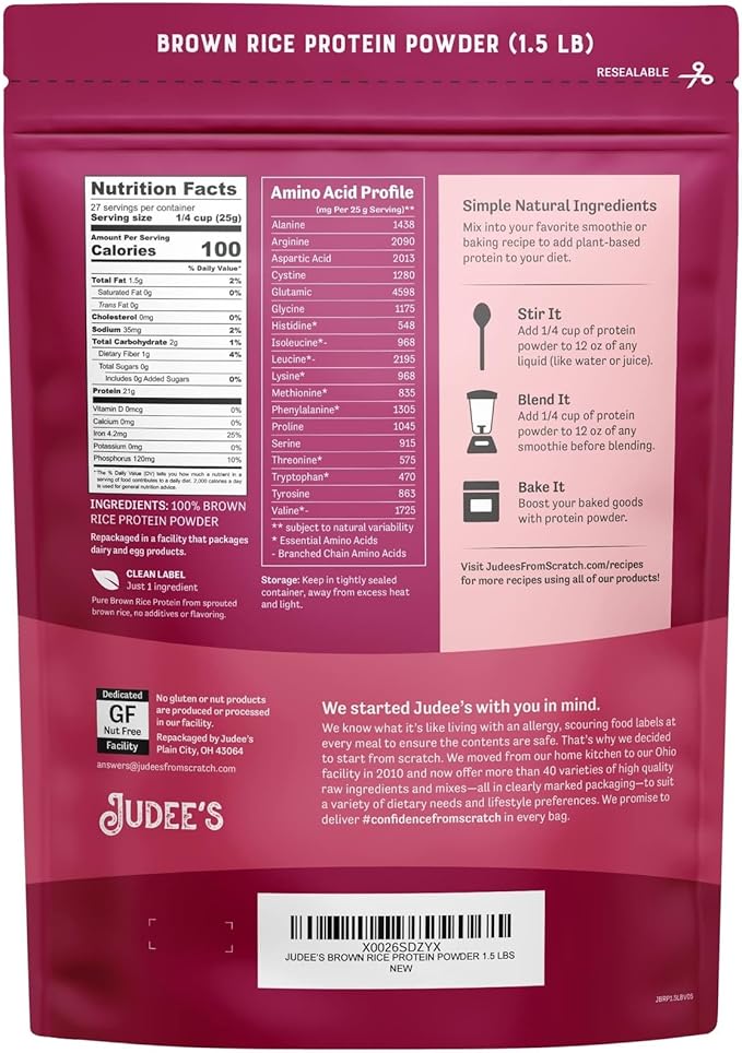 Judee's Gluten Free Brown Rice Protein Powder - Plant-Based Vegan Protein - Gluten-Free Meal Replacement - 1.5 lb Unflavored