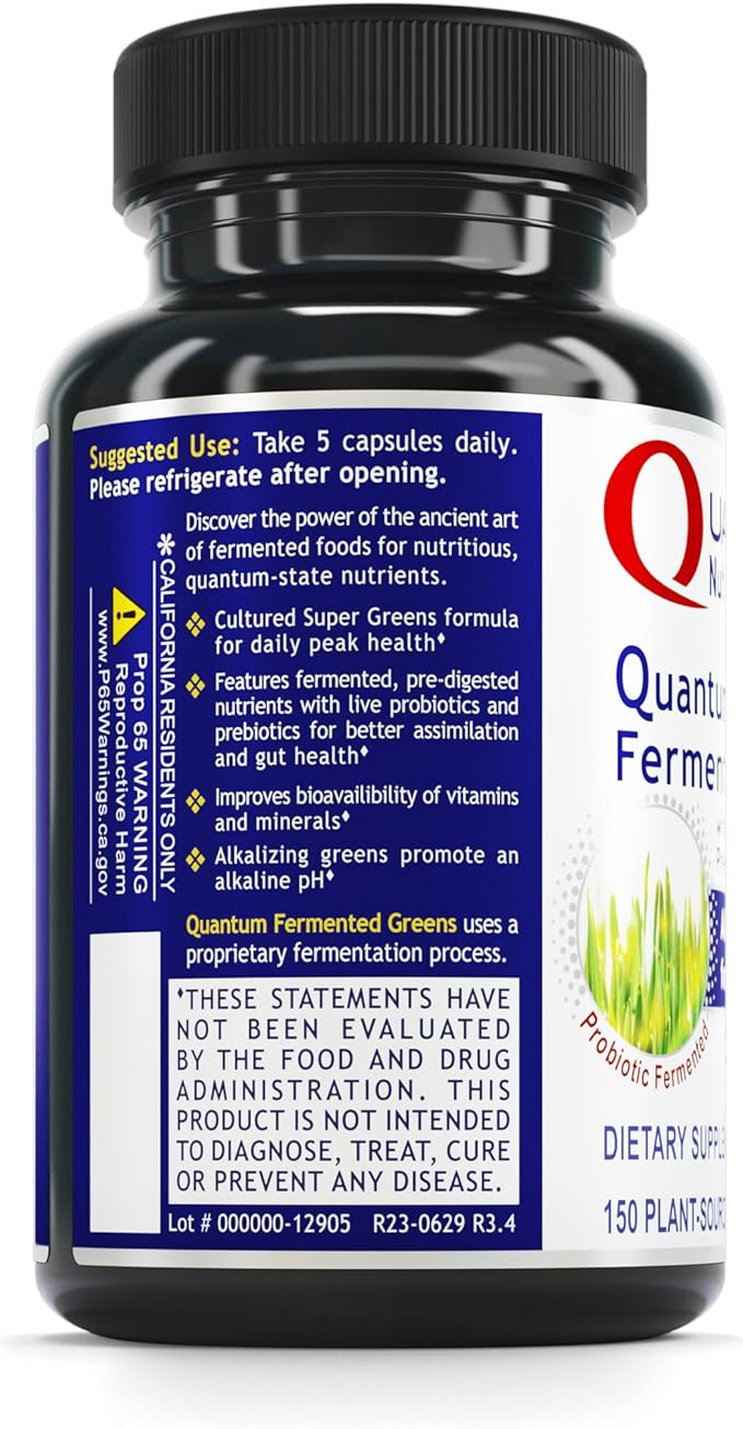 Quantum Nutrition Labs Quantum Fermented Greens- Super Greens Supplement Superfood Blend Organic Vitamins with Probiotic - Daily Greens with Spinach Chlorella and More - 150 Powder Filled Capsules