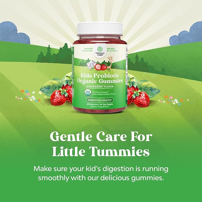 USDA Organic Kids Probiotic Gummies - Gut Bacteria Probiotics for Digestive Health &amp Stomach Relief - Gentle 2.5B CFU Kids Immune Support &amp Gut Heath Supplement - Vegan &amp Non-GMO Chews - 6