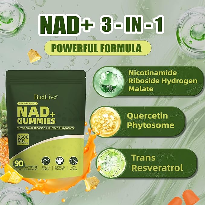 NAD Resveratrol Gummies Liposomal NAD Gummies for Women with Nicotinamide Riboside Quercetin Trans-Resveratrol Anti-Aging Cellular Energy &amp Healthy Aging Support Non GMO 90 Counts