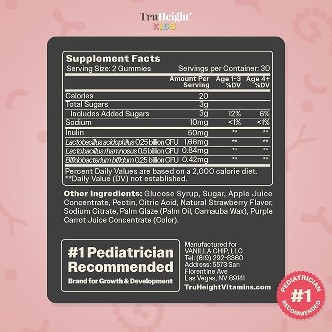 TruHeight Kids Prebiotic &amp Probiotic Gummies Ages 2+ (Strawberry Flavor) Toddlers &amp Kids All Natural Gut Health Digestive Enzymes Stomache Ache Constipation Relief Supplement - Pediatric Vi