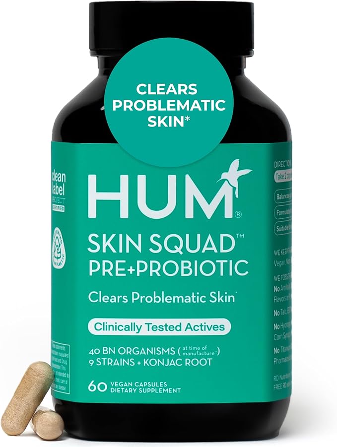 HUM Skin Squad Probiotics for Women and Men Skin Care Supplement for Clear Complexion &amp Gut Health Support Microbiome Prebiotic &amp Probiotic Supplement for Breakouts Digestive Health 60 Cap