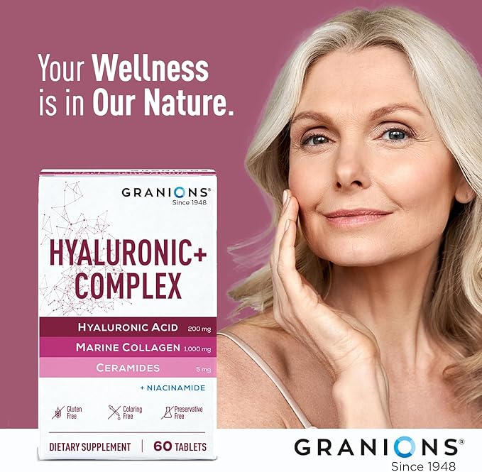 Hyaluronic Acid Supplements 200mg - Marine Collagen Peptides Vitamin B3 Niacinamide Ceramides Supplement - Deep Hydration &amp Anti-Aging Skin Care Complex for Women and Men - 60 Foil Sealed Tablet