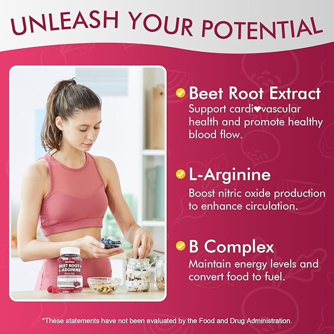 Beet Root Gummies Beetroot &amp L-Arginine Red Beets Supplements w/ Vitamin B1 B2 B3 B5 B6 Folate B12 for Energy Boost &amp Circulation Support Sugar Free Nitric Oxide Gummies 120 Beet Che
