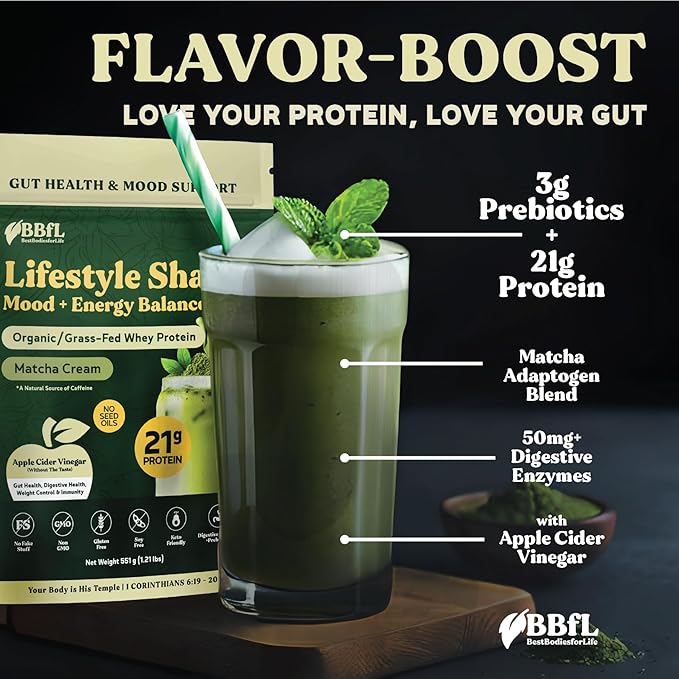 BBfL Grass-Fed Whey Protein Shake – 21g rBGH-Free Protein Matcha + Apple Cider Vinegar Prebiotics Digestive Enzymes Adaptogens for Stress &amp Mood Support – All-in-One Shake (10 Servings Matcha
