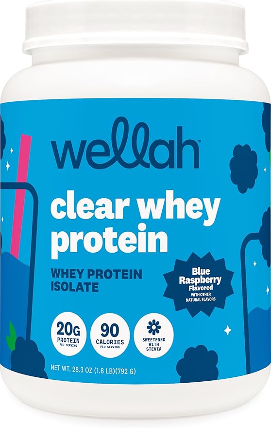 Wellah Clear Whey Protein Isolate Powder (Blue Raspberry) 30 Servings - 20g of Protein 90 Calories Sweetened with Stevia