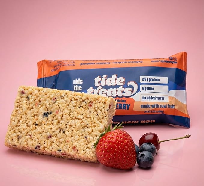 Crispy Rice Protein Bar | 25 g Protein No Added Sugar 7 g Fiber Gluten Free | High Protein Snack for On-the-Go Post-Workout or Dessert Cravings | 8 Count (Island Berry)
