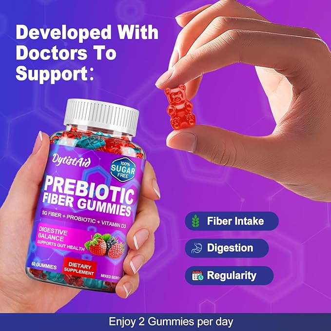 Prebiotic Fiber Gummies 5g Fiber per Serving 2 Billion CFU Bacillus Coagulans + Vitamin D3 Sugar Free Pectin Mixed Berry Gummies Inulin (FOS) + Acacia + Apple Pectin 120 Gummies (60 Servings)