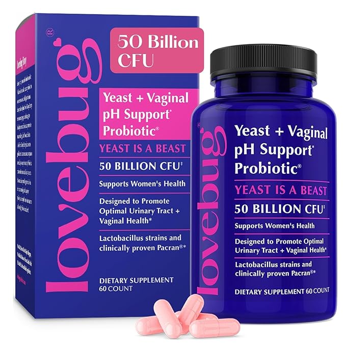 Lovebug Yeast and Vaginal Probiotics for Women pH Balance &amp Urinary Tract 50 Billion CFU UTI BV Odor Support with Lactobacillus Bifidobacterium Digestive &amp Vaginal Health Supplement 60 C