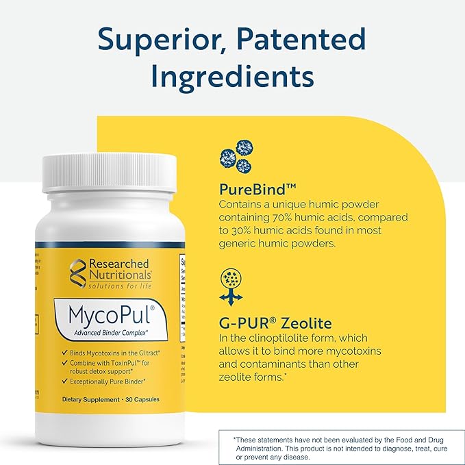 Researched Nutritionals MycoPul - Advanced Mycotoxin Binder Complex Zeolite Detox Humic Acid Fulvic Acid &amp Activated Charcoal for GI Tract Detox Clinically Researched Mold Binders 30 Capsules