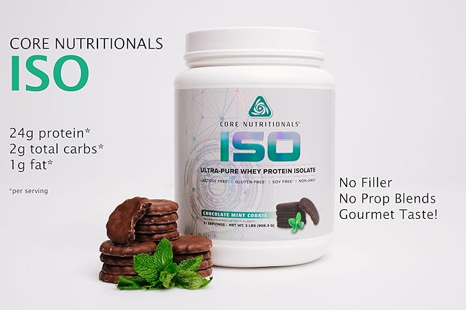 Core Nutritionals Iso Whey Protein Isolate | Lactose Gluten &amp Soy Free | 100% Micro Filtered Cold Pressed | 25g Protein | 2 Pound (Chocolate Mint Cookie)