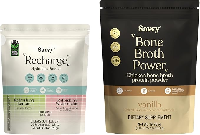 SAVVY Bone Broth Power Vanilla Protein Powder 22g Protein 12g Collagen &amp Recharge Electrolyte Powder Sugar Free Hydration Drink Sodium Magnesium Potassium (Variety (Lemon + Watermelon))