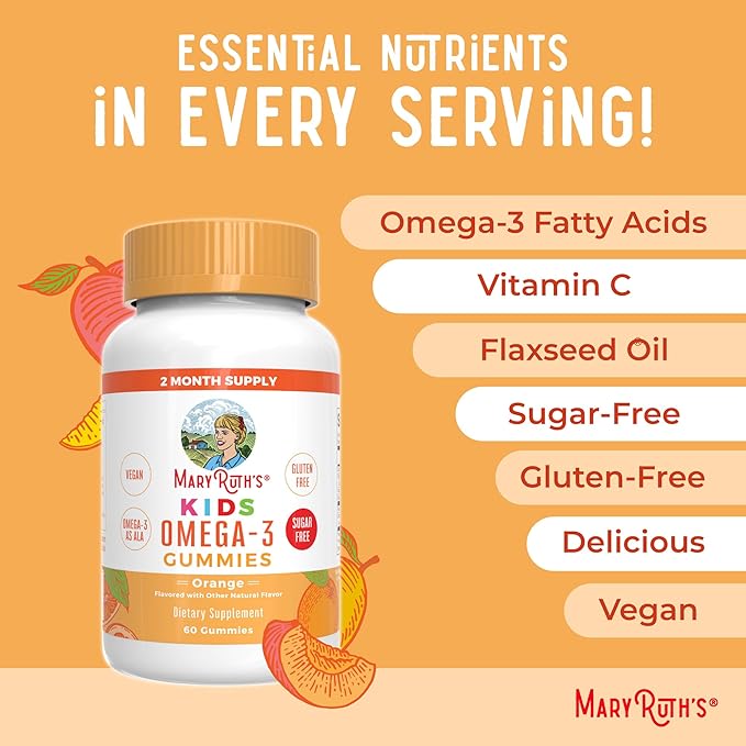 MaryRuth Organics Vegan Omega 3 Gummies for Kids 2+ 2 Month Supply Sugar Free Omega 3 Supplement with Vitamin C Flaxseed Oil Immune Support Essential Nutrient ALA No Fish Taste 60 Count