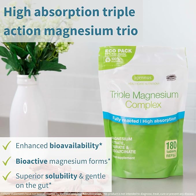 Igennus Superior Triple Magnesium Complex Fully Reacted &amp Chelated Glycinate Taurate &amp Citrate Clean Label High Bioavailability &amp Absorption 180 Tablets Vegan Non-Buffered
