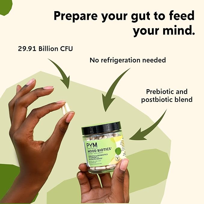 Prebiotics and Probiotics Mood Biotics by PYM with 22.91 Billion CFU (60 Count) Gut Health &amp Mood Support Supplement | Non-GMO Vegan Gluten Free