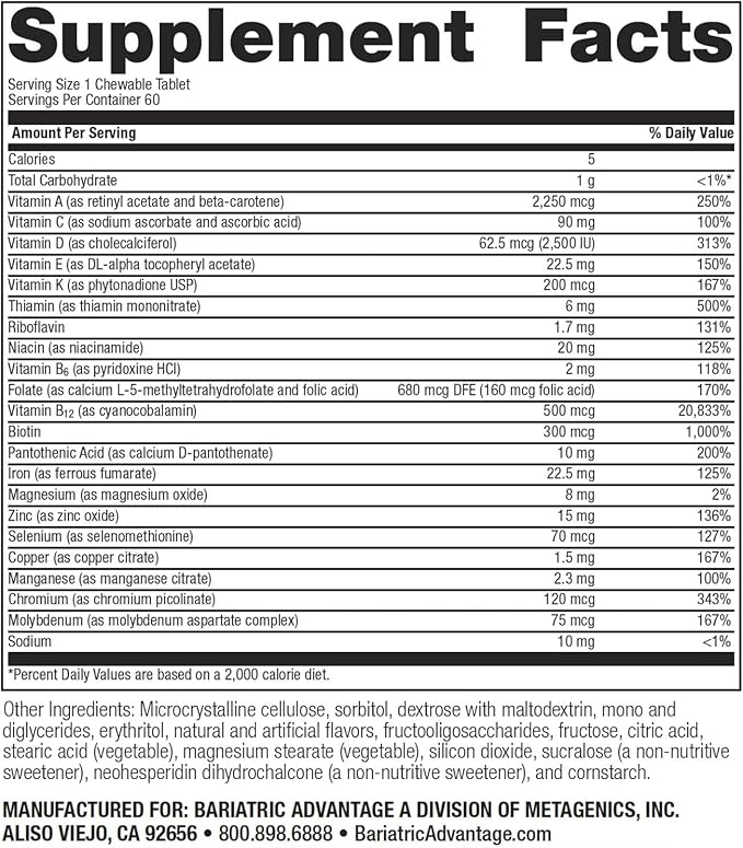 Bariatric Advantage Chewable High ADEK with Iron - for Bariatric Patients - High Potency Vitamin A D E &amp K - Includes B-Vitamins - Chewable Multivitamins - Tropical Fruit - 60 Count