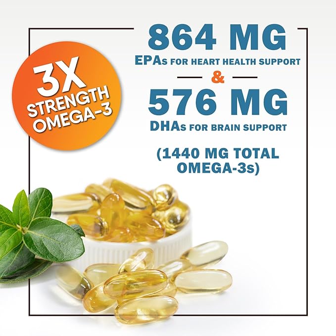 Omega 3 Fish Oil Supplements - 2400mg Fish Oil Per Serving - Triple Strength Omega-3 with EPA &amp DHA Fatty Acids - Natural Heart Brain &amp Immune Support - Wild Caught Bottled in USA - 180 Soft