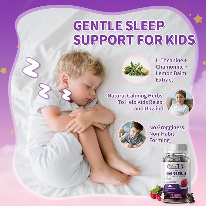 2pack Kids Sleep Gummies – Magnesium Glycinate Gummies with DHA L-Theanine Chamomile &amp Lemon Balm Melatonin Free Calm &amp Sleep Support Raspberry Flavor