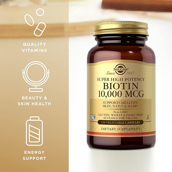 Solgar Super High Potency Biotin 10000 mcg - 120 Vegetable Capsules Pack of 2 - Supports Healthy Skin Nails &amp Hair - Non-GMO Vegan Gluten &amp Dairy Free - 240 Total Servings