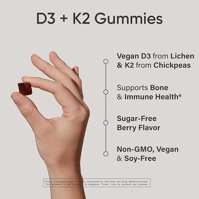 Sports Research® Vegan Vitamin D3 + K2 Gummy Supplements - Sugar-Free - 5000iu Vitamin D with 100mcg Mk7 Vitamin K - Supports Bone &amp Immune Health* - 60 Gummies for Adults