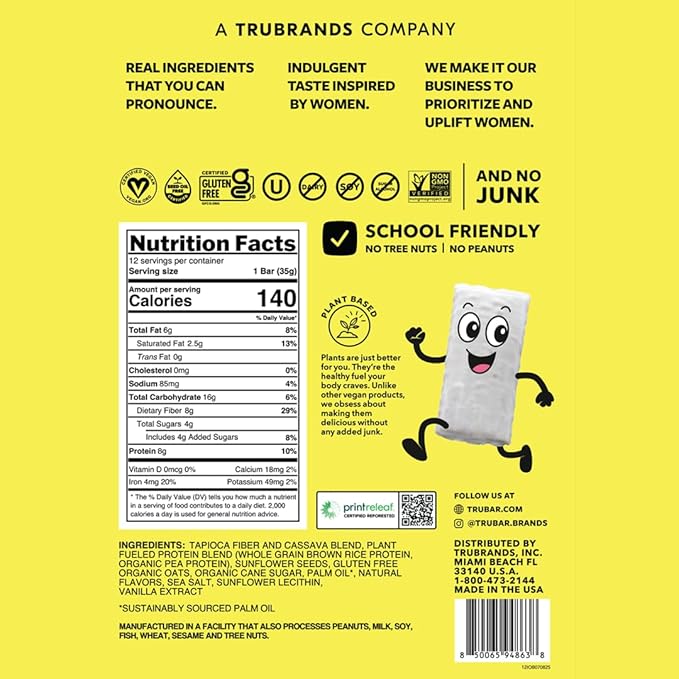 TRUBAR Kids Protein Bars Iced Oatmeal Blast Plant Based Protein Gluten Free School-Friendly Snacks for Lunchboxes Tree Nut and Peanut Free Low Sugar Healthy On the Go Snack Bars 12 Count