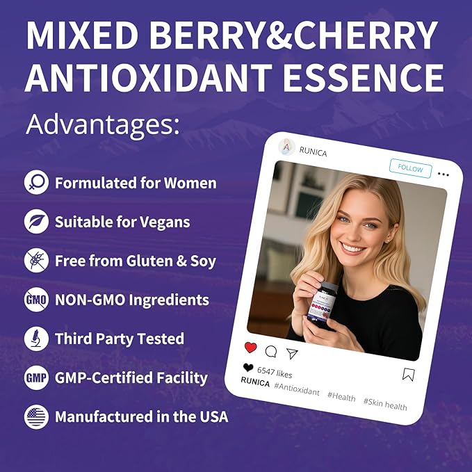 6X 6-in-1 Mixed Berry &amp Cherry Antioxidant Supplement - 6-Berry Superfood Blend for Radiant Skin Glow &amp Immune Support - 60 Vegan Capsules 30-Day Starter Pack
