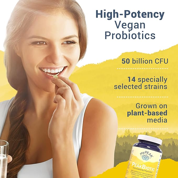 myPEAK PeakBiotic: The Ultimate Vegan Synbiotic with 50 Billion CFU Probiotics Prebiotics Postbiotics Modbiotics and Gut Lining to Enhance Digestion Skin and Mood with 2-Month Supply 60 Capsules