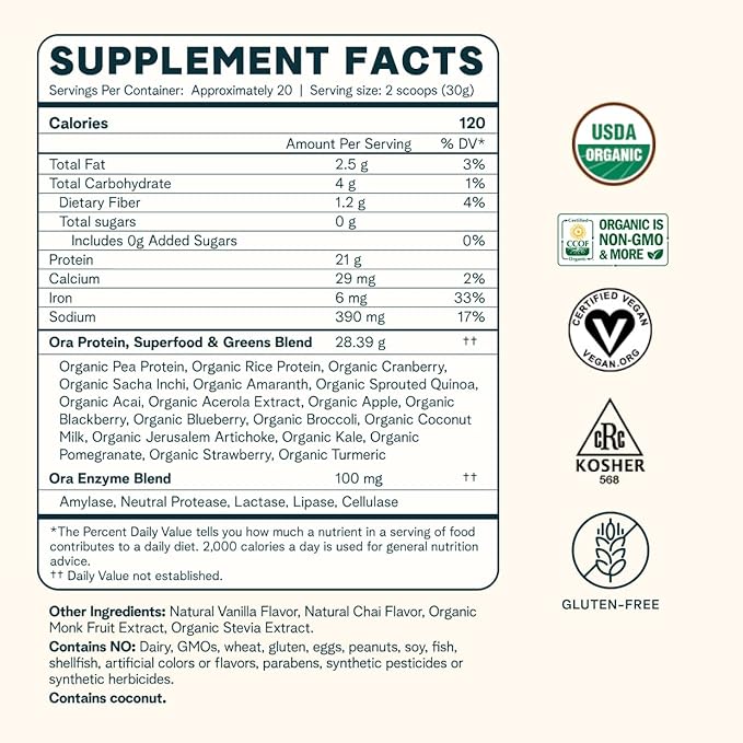 Ora Organic Protein Powder Vanilla Chocolate &amp Vanilla Chai Bundle: 21g Plant Based Vanilla Vanilla Chai 20 Servings + 22g Plant Based Chocolate 20 Servings