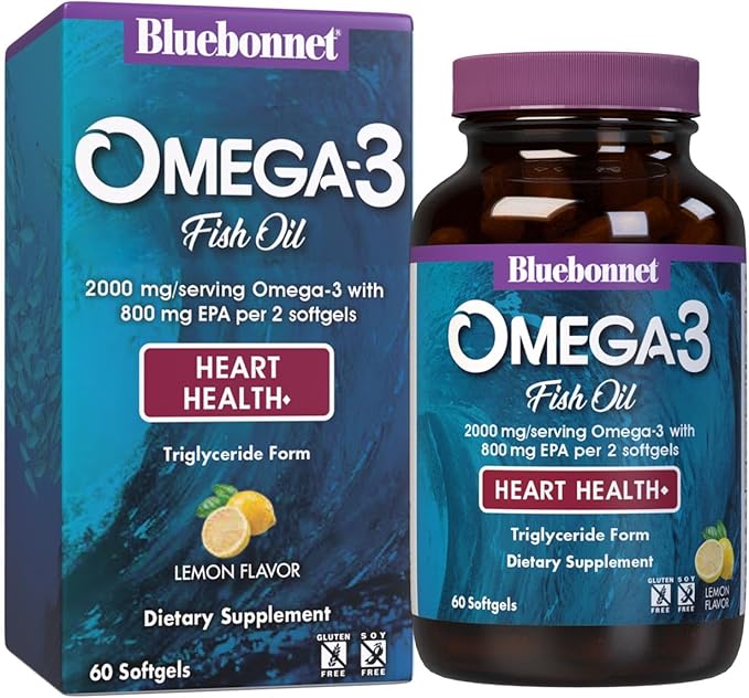 Bluebonnet Nutrition Omega-3 Heart Formula Natural Wild Caught Triglyceride Form DHA 600 mg EPA 800 mg - Highly Concentrated Heart Health Support Supplement - Gluten-Free - 60 Softgel
