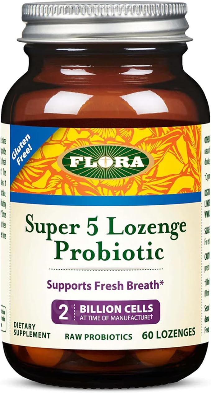 Flora - Super 5 Lozenge Probiotic Raspberry Flavored Oral Probiotic Good for Bad Breath Five Strains with 2 Billion CFU Regain and Retain Gut Health RAW 60 Lozenges