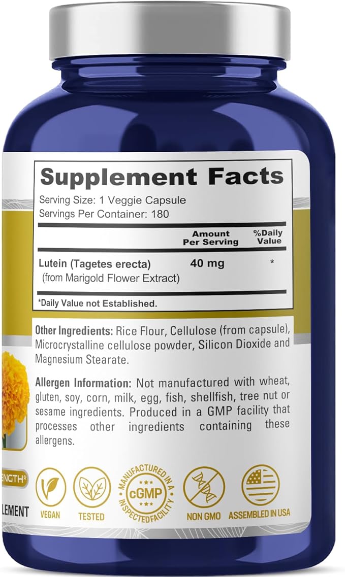NusasPure Lutein - Suitable for Vegetarian/Vegan Non - GMO - 40 mg - 180 Capsules