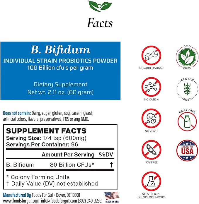 Foods For Gut Bifidobacterium Bifidum Probiotic Powder 100 Billion cfu's | Made in USA | No Additives | Digestive &amp Immune Support | High Potency | B. Bifidum | 60 Grams (2.11 Oz)