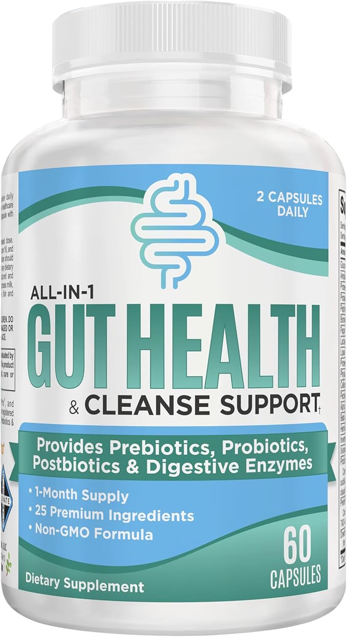 Gut Health Support Supplement (25-in-1) with Prebiotics Probiotics Postbiotics &amp Digestive Enzymes | Gut Supplements | 60 Capsules