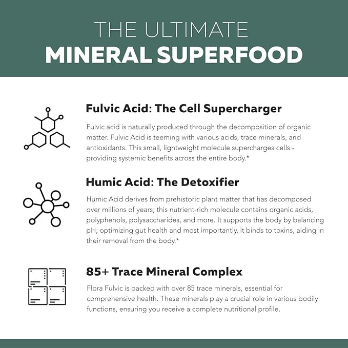 Flora Fulvic | Fulvic Acid + Humic Acid Complex – 550 mg | Mined in Utah Prehistoric Deep Earth Extract | Immunity Gut Digestion – Natural Trace Mineral Complex Fulvic Acid Supplement – 8 fl oz.
