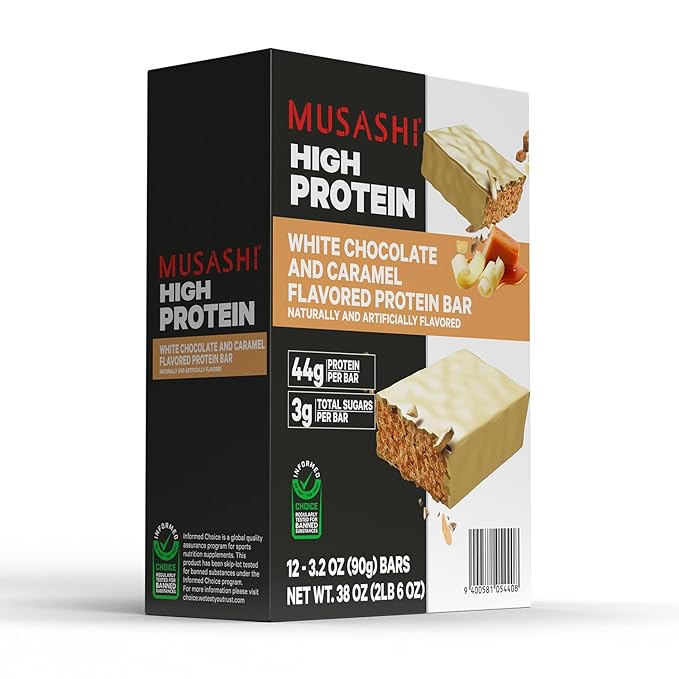 MUSASHI High Protein Bar 45g Protein 2g Total Sugars White Chocolate Caramel Post Workout and Protein Snack On The Go 12 Pack of 3.2oz (90g) Bars