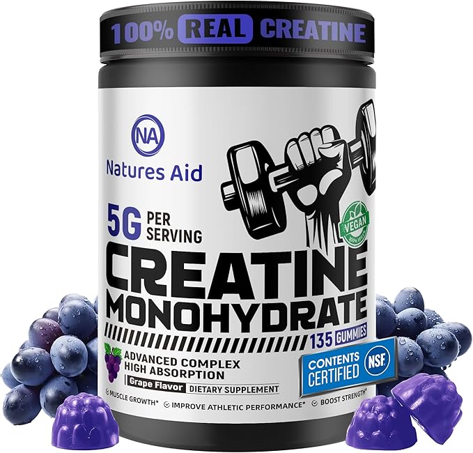 Creatine Monohydrate Gummies – Pre-Workout Energy &amp Muscle Growth Support for Men &amp Women | Grape Electrolyte Gummies (135 Count)