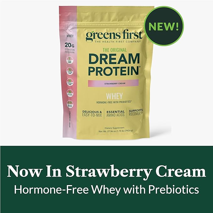 Greens First Dream Protein Powder Whey - 20g Protein Per Serving - Hormone-Free with Prebiotics - Non-GMO - No Artificial Sweeteners/MSG/Aspartame (Strawberry Cream 27.96 oz)