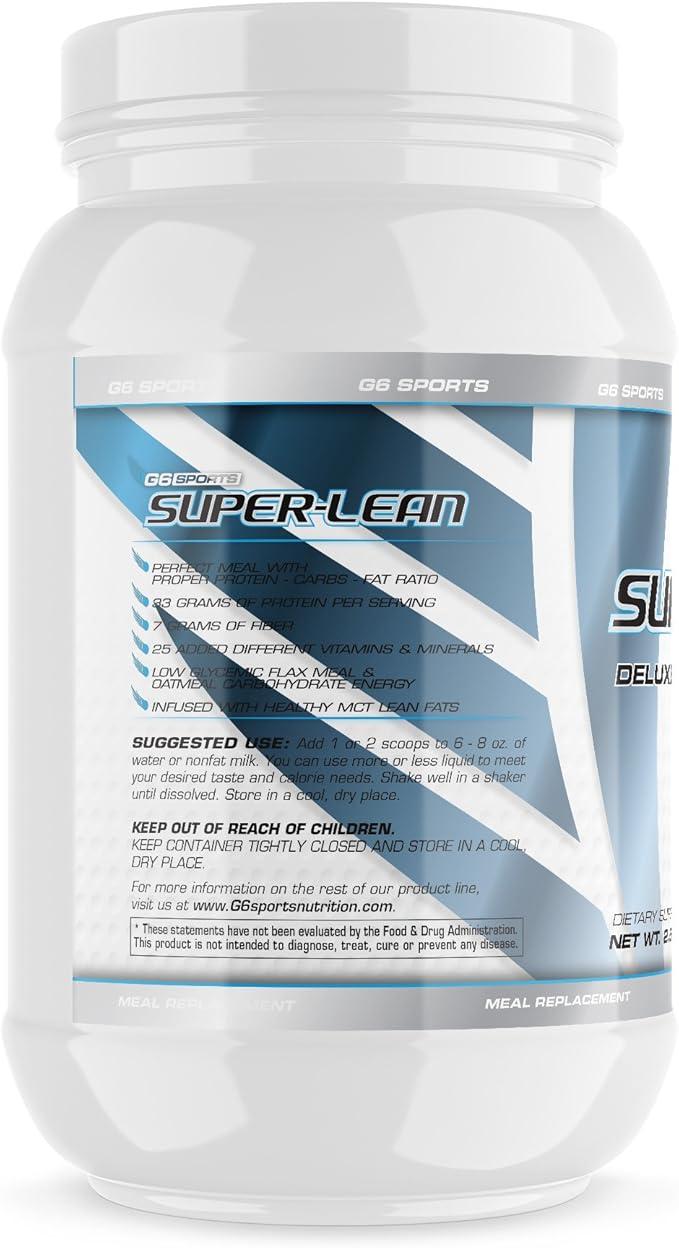 G6 Sports Nutrition Super-Lean Deluxe Meal Replacement (32g Protein 7g Fiber 25 Added Vitamins &amp Minerals) – 2.5lb Jar – Peanut Butter Milkshake