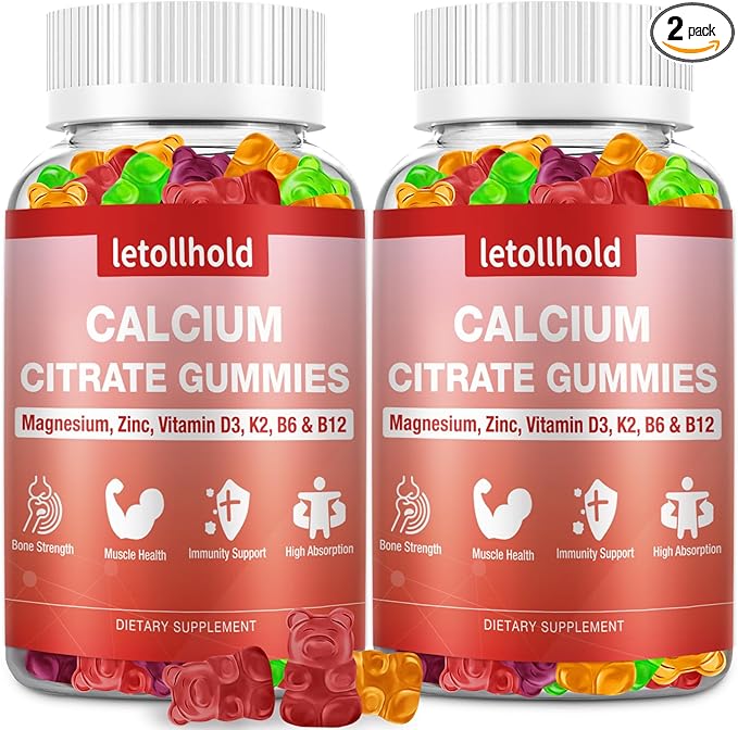 Calcium Citrate Gummies - 1200mg Calcium Gummies with Magnesium Zinc Vitamin D3K2 B6 B12 for Bone Muscle Joints Immune Support High Absorption Calcium Supplements for Women &amp Men 2 Packs
